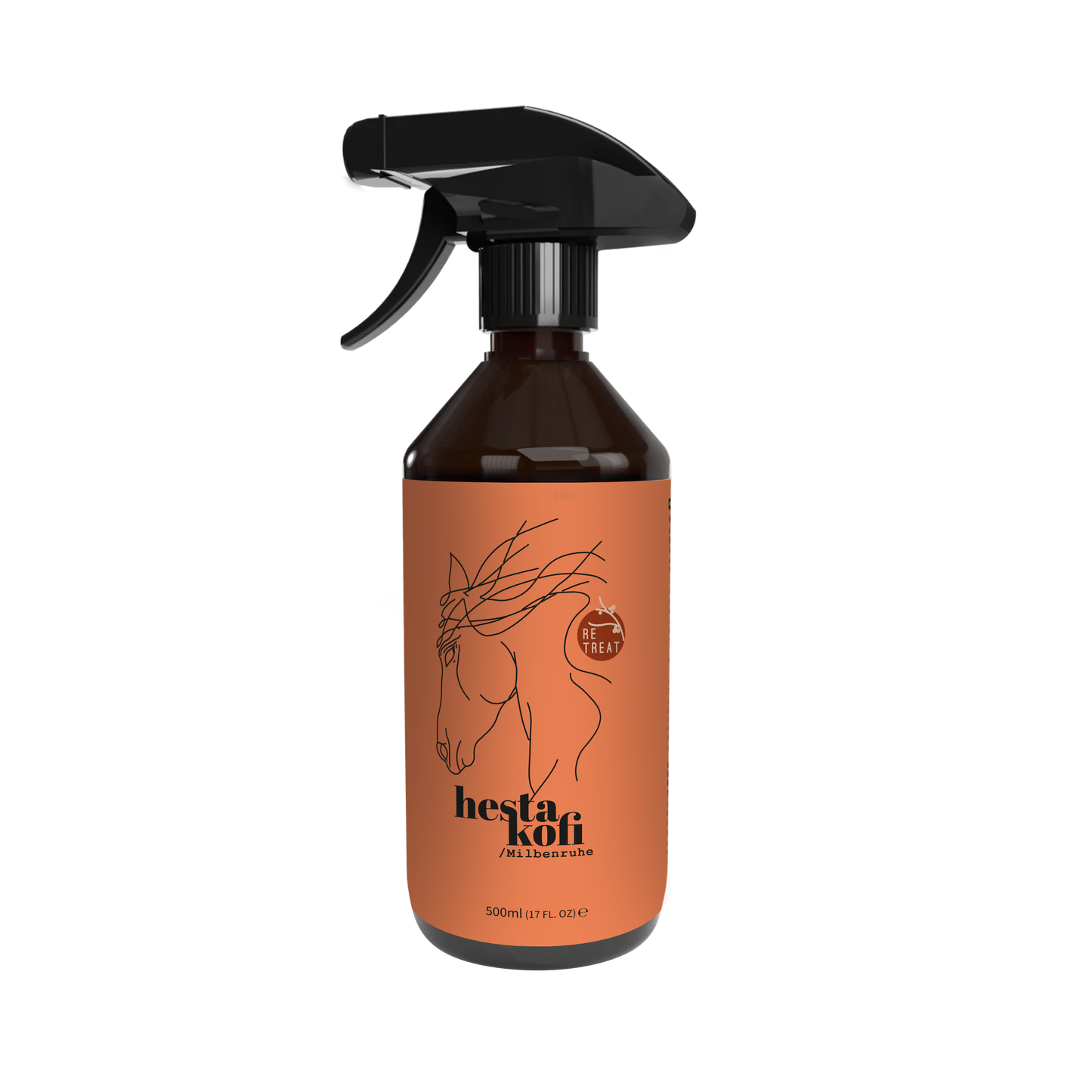 Eine braune 500ml Sprühflasche von Hestakofi, Milbenruhe, mit schwarzem Abzug und einem orangefarbenen Etikett, das ein minimalistisches Pferd und "hesta kofi HEAT" zeigt. Ideal als Parasitenspray für Pferde mit ätherischen Ölen gegen Milben.