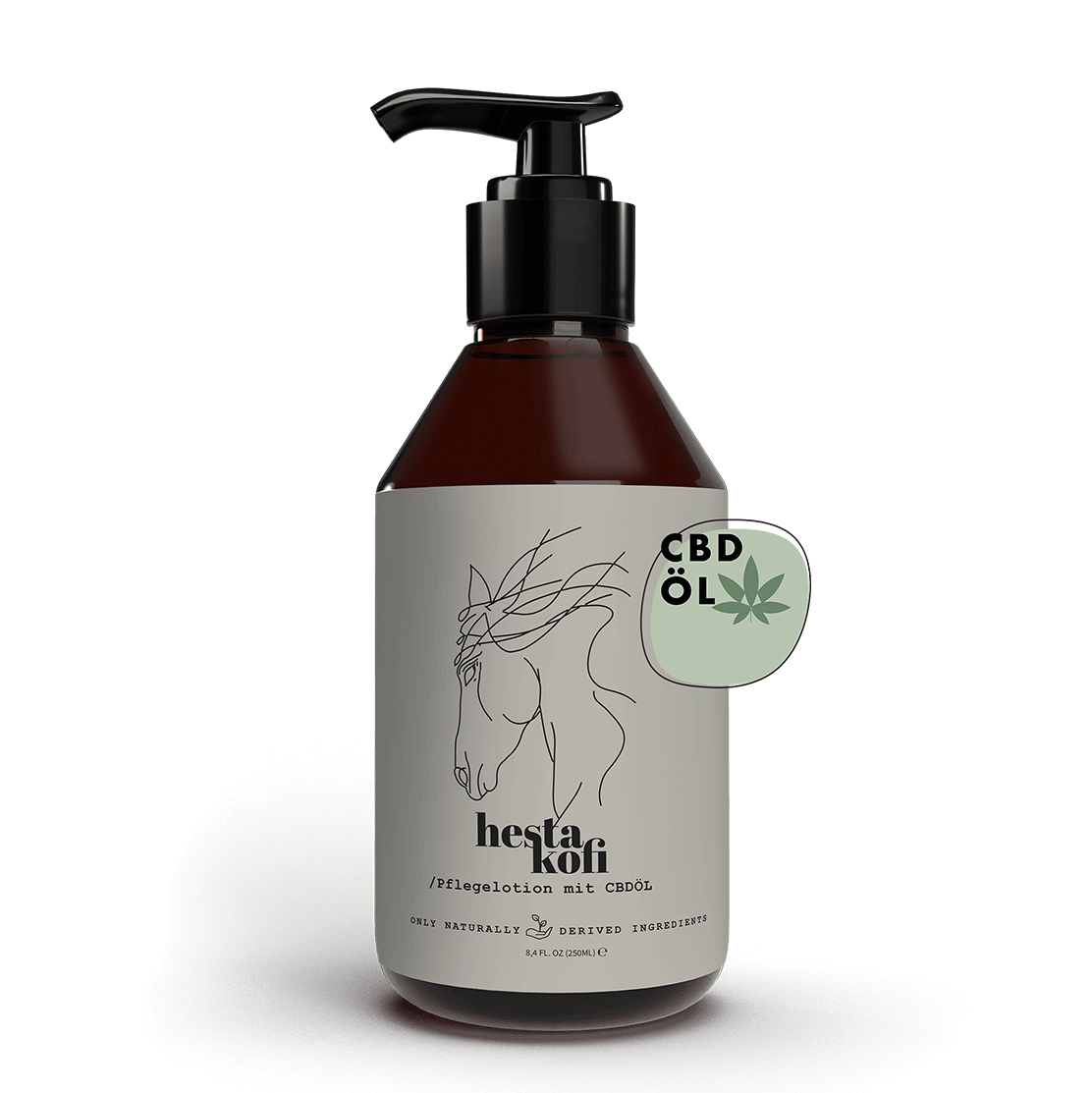 Die braune Pumpflasche von Hestakofi Pflegelotion mit CBDÖL zeigt eine minimalistische Pferdegrafik und einen runden Aufkleber mit einem grünen Cannabisblatt, der die Vorteile von CBDÖL für die Pferdehautpflege hervorhebt. Die Flasche steht vor einem schlichten weißen Hintergrund.