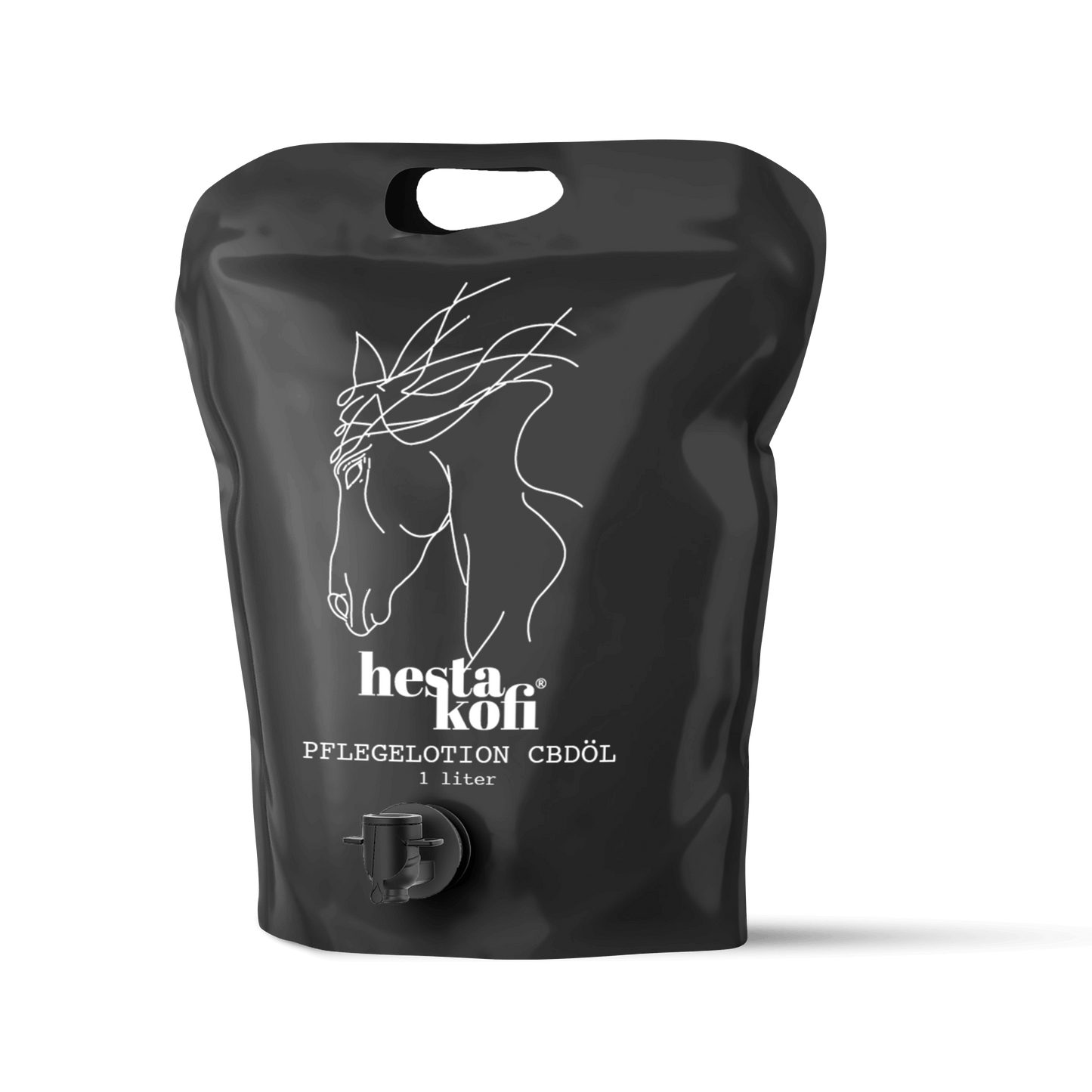 Ein schwarzer 1-Liter-Beutel mit weißer Pferdezeichnung und dem Text "Hestakofi Pflegelotion mit CBDÖL 1 Liter" - ideal für die Pflege der Pferdehaut, besonders bei Sommerekzemen.