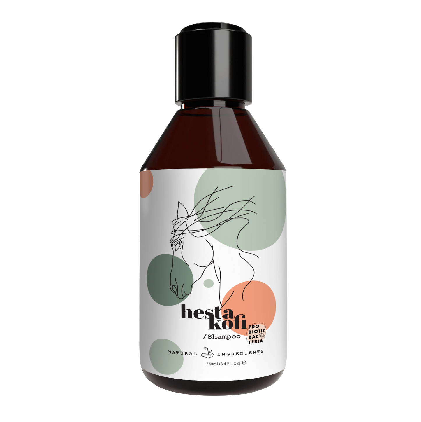 Die dunkle Flasche des Hestakofi Shampoos mit schwarzer Kappe trägt ein weißes Etikett mit einer minimalistischen Pferdeillustration und grünen, orangen und grauen Kreisen. Seine pH-neutrale Formel sorgt für sanfte Pflege.