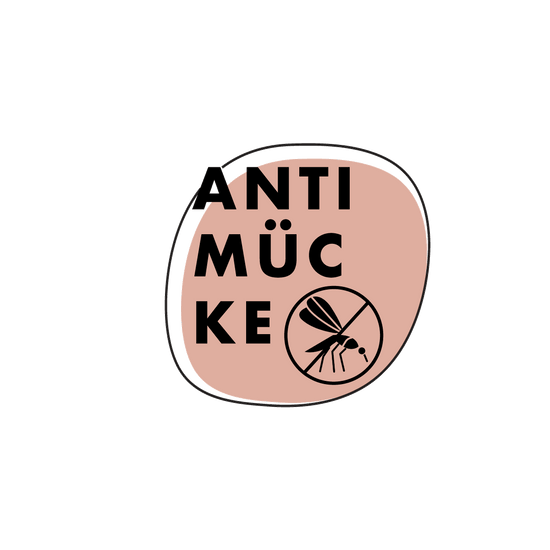 Eine abgerundete rosafarbene Form mit dem fetten schwarzen Text ANTIMÜCKE und dem Symbol einer Stechmücke in einem Verbotssymbol, das auf Anti-Mücken hinweist.