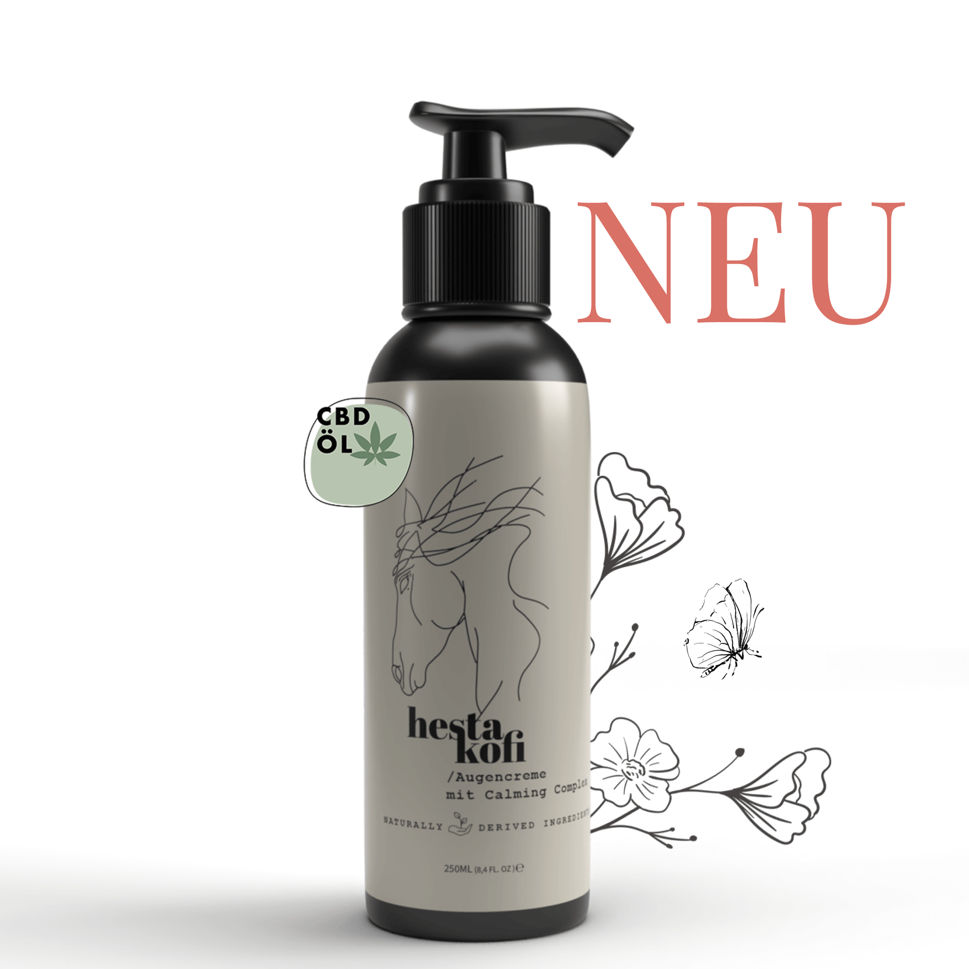 Eine Flasche Hestakofi Augencreme ist mit einer Pferdezeichnung, floralen Illustrationen, einem CBD-Öl-Abzeichen und dem Wort NEU in fetten roten Buchstaben im Hintergrund abgebildet.