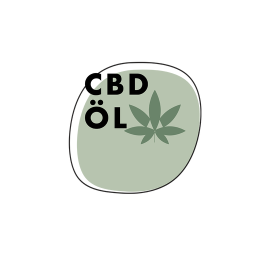 Ein minimalistisches Logo mit dem Text CBD ÖL in schwarzer Schrift und einem grünen Cannabisblatt-Symbol auf einer zartgrünen abstrakten Form, alles vor einem weißen Hintergrund.
