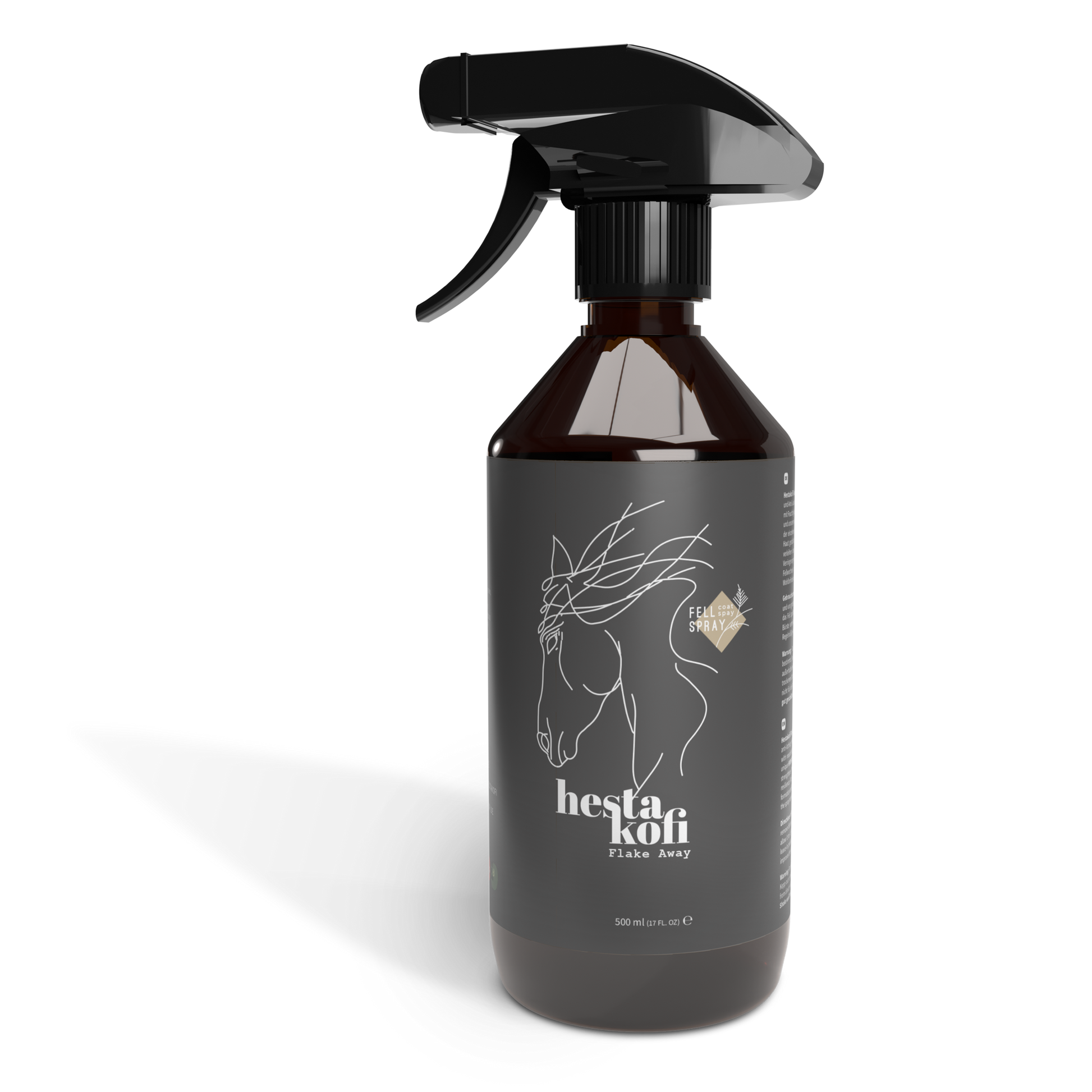 Eine dunkle Sprühflasche mit der Aufschrift Hestakofi Flake Away, mit einer minimalistischen Abbildung eines weißen Pferdekopfes und einem Hydration Complex zur Unterstützung der Hautbarriere. Die 500-ml-Flasche ist mit einem schwarzen Sprühkopf ausgestattet.