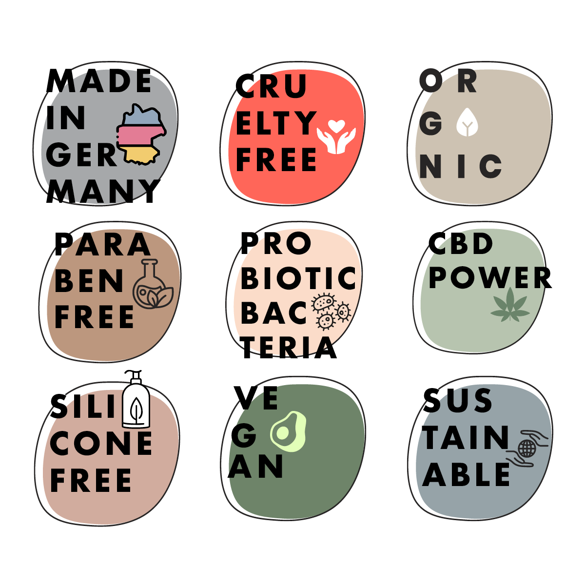 Neun bunte Abzeichen mit fettgedrucktem Text und einfachen Symbolen. Auf den Plaketten steht: Made in Germany, Cruelty Free, Organic, Paraben Free, Probiotic Bacteria, CBD Power, Silicone Free, Vegan, Sustainable.