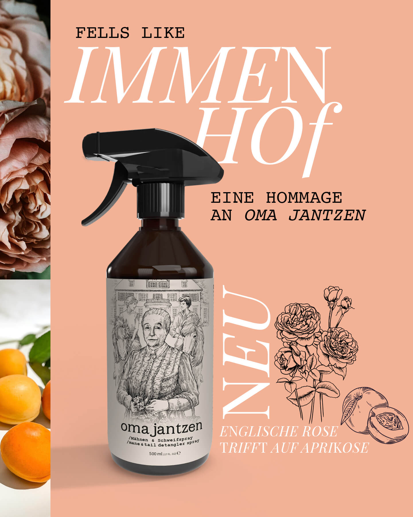 Das Oma Jantzen - Mähnen & Schweifspray von Hestakofi kommt in einem braunen Flakon mit der Illustration einer älteren Frau, Menschen und Gebäuden daher und ist mit seinem Rosenduft ideal für Fans von Hestakofi. auf Lachsfarbenen Hintergrund und Symbolen von Rose und Aprikose