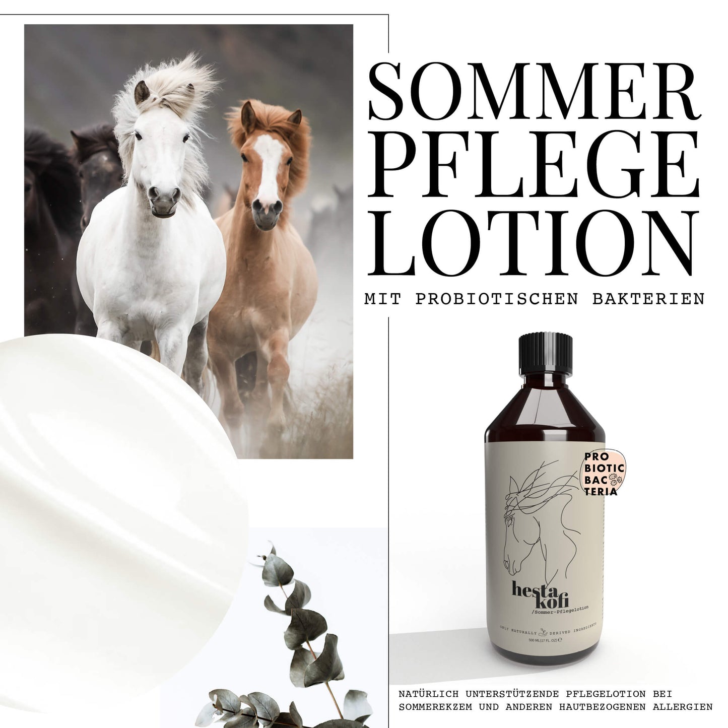 Hestakofi Sommer - Pflegelotion mit probiotischen Bakterien: Natürliche Pflege und Schutz vor Juckreiz. Flasche mit Pferdemotiv, pflegender Lotion und grünen Blättern - perfekt für den Sommer!.