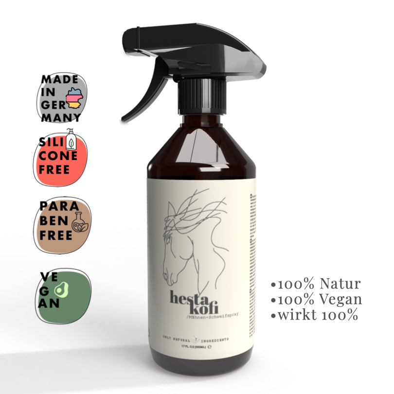 Eine braune Sprühflasche mit der Aufschrift "Hestakofi" und einem minimalistischen Pferdedesign. Das Mähnen und Schweifspray ist made in Germany, silikonfrei, parabenfrei, vegan und angereichert mit pflegendem Brokkolisamenöl.