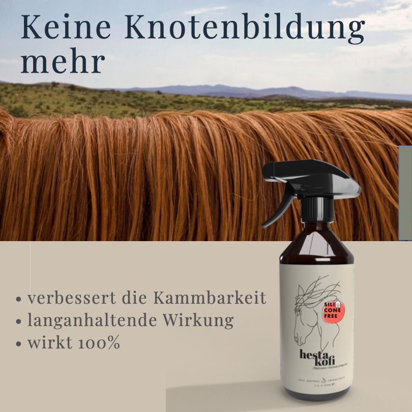 Eine Flasche Hestakofi Mähnen und Schweifspray ist vor der Mähne eines Pferdes abgebildet. Der deutsche Text besagt: keine Knoten mehr, bessere Kämmbarkeit, langanhaltende Ergebnisse und 100%ige Wirksamkeit dank natürlichem Brokkolisamenöl.