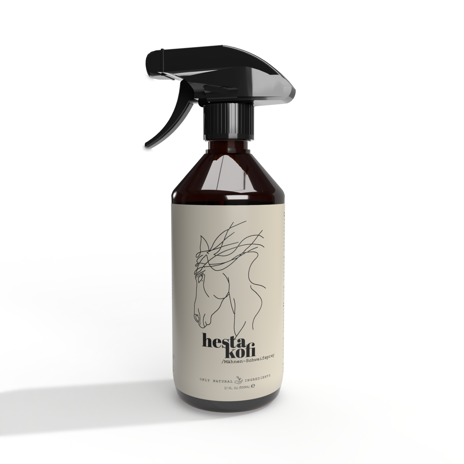 Eine Sprühflasche von Hestakofi mit der Aufschrift "Mähnen und Schweifspray" zeigt eine schwarze Düse, eine minimalistische Zeichnung eines Pferdekopfes, den Hinweis auf Brokkolisamenöl und einen schwarz-weiß gepunkteten Hintergrund.