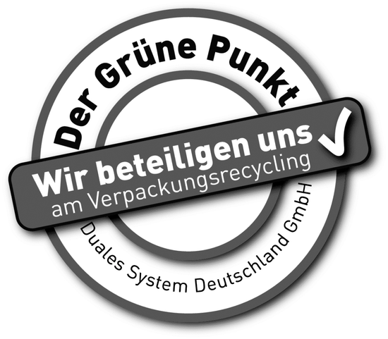 Ein Rundsiegel mit dem Text Der Grüne Punkt und Duales System Deutschland GmbH. In der Mitte befindet sich ein Banner mit der Aufschrift Wir beteiligen uns am Verpackungsrecycling und einem weißen Häkchen.
