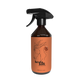 Eine braune 500ml Sprühflasche von Hestakofi, Milbenruhe, mit schwarzem Abzug und einem orangefarbenen Etikett, das ein minimalistisches Pferd und "hesta kofi HEAT" zeigt. Ideal als Parasitenspray für Pferde mit ätherischen Ölen gegen Milben.