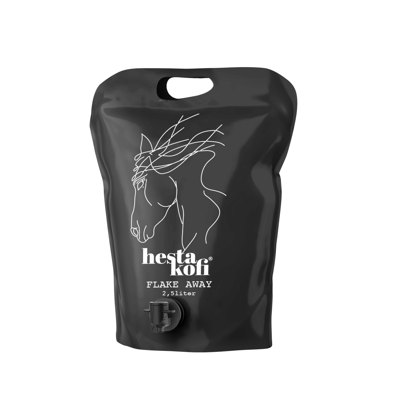 Der schwarze 2,5-Liter-Beutel mit weißem Pferdekopf und der Aufschrift Hestakofi Flake Away 2,5 Liter verfügt über einen Griff an der Oberseite und einen Ausguss am Boden. Enthält Panthenol für zusätzliche Pflege.