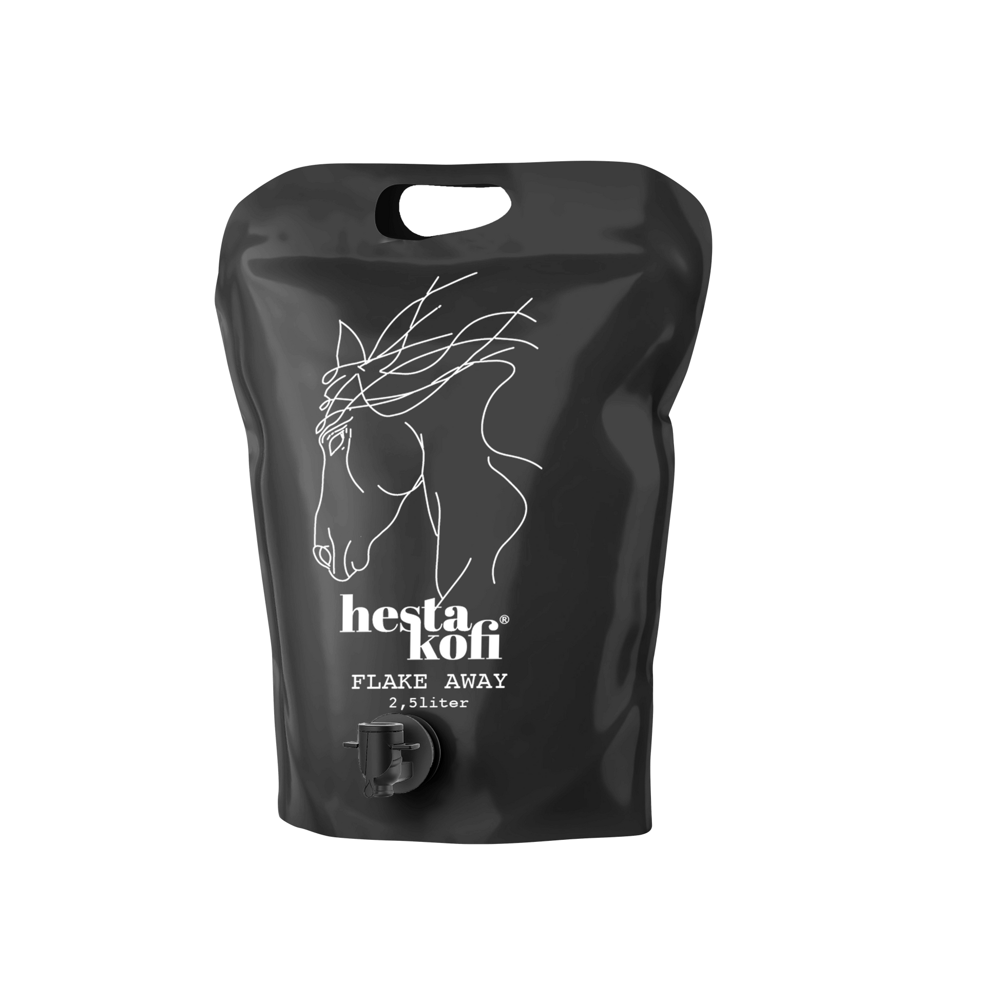 Der schwarze 2,5-Liter-Beutel mit weißem Pferdekopf und der Aufschrift Hestakofi Flake Away 2,5 Liter verfügt über einen Griff an der Oberseite und einen Ausguss am Boden. Enthält Panthenol für zusätzliche Pflege.