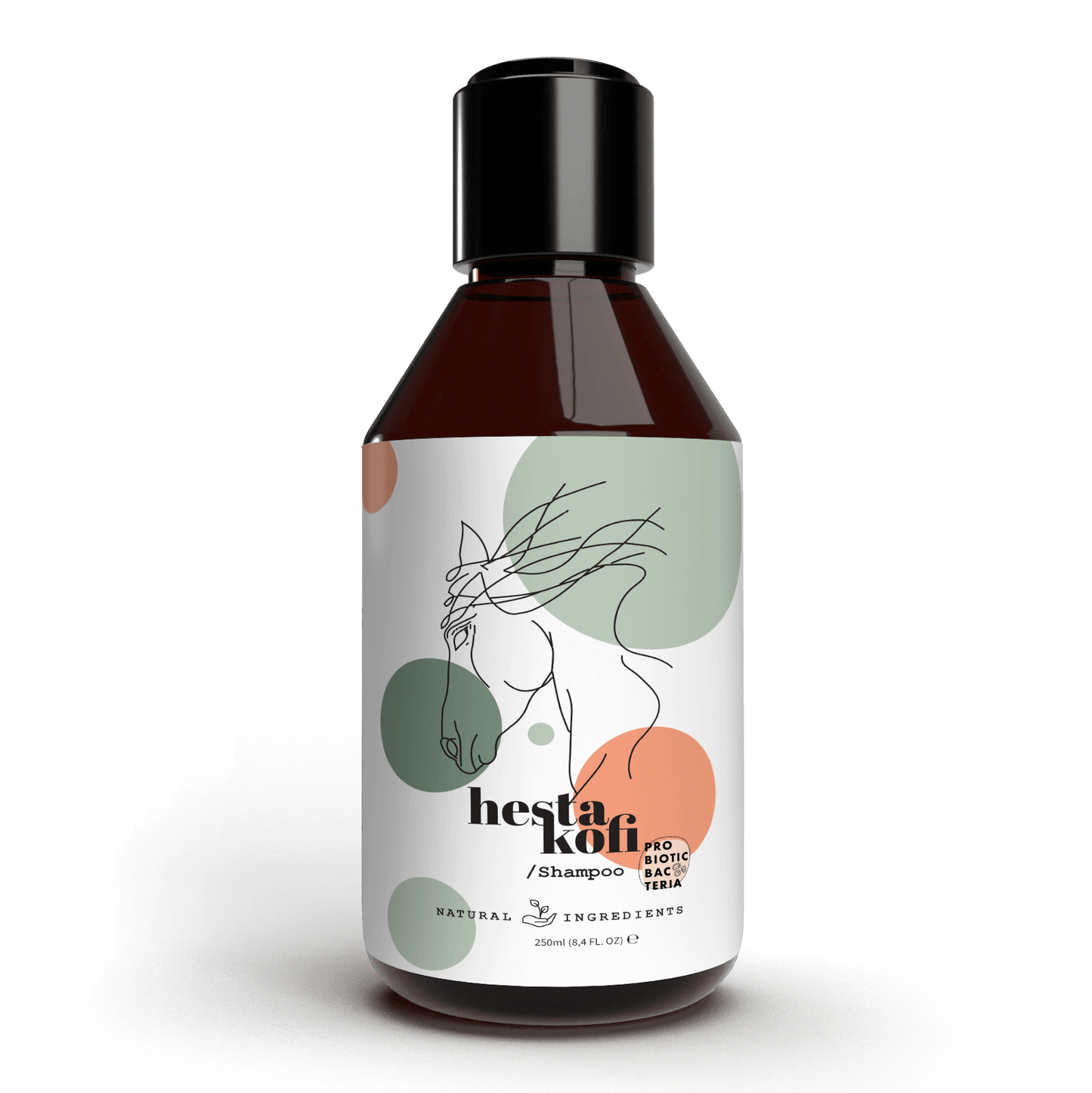 Die dunkle Flasche des Hestakofi Shampoos mit schwarzer Kappe trägt ein weißes Etikett mit einer minimalistischen Pferdeillustration und grünen, orangen und grauen Kreisen. Seine pH-neutrale Formel sorgt für sanfte Pflege.
