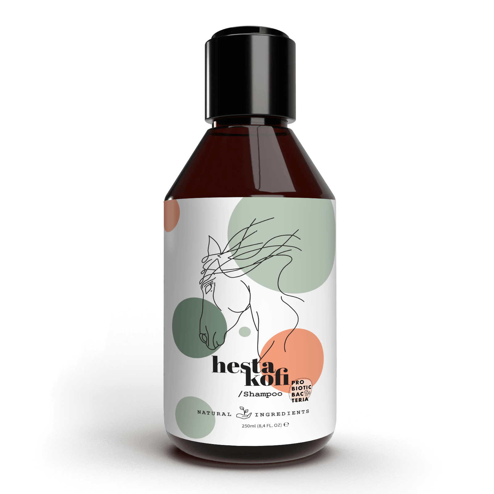 Die dunkle Flasche des Hestakofi Shampoos mit schwarzer Kappe trägt ein weißes Etikett mit einer minimalistischen Pferdeillustration und grünen, orangen und grauen Kreisen. Seine pH-neutrale Formel sorgt für sanfte Pflege.