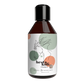 Die dunkle Flasche des Hestakofi Shampoos mit schwarzer Kappe trägt ein weißes Etikett mit einer minimalistischen Pferdeillustration und grünen, orangen und grauen Kreisen. Seine pH-neutrale Formel sorgt für sanfte Pflege.