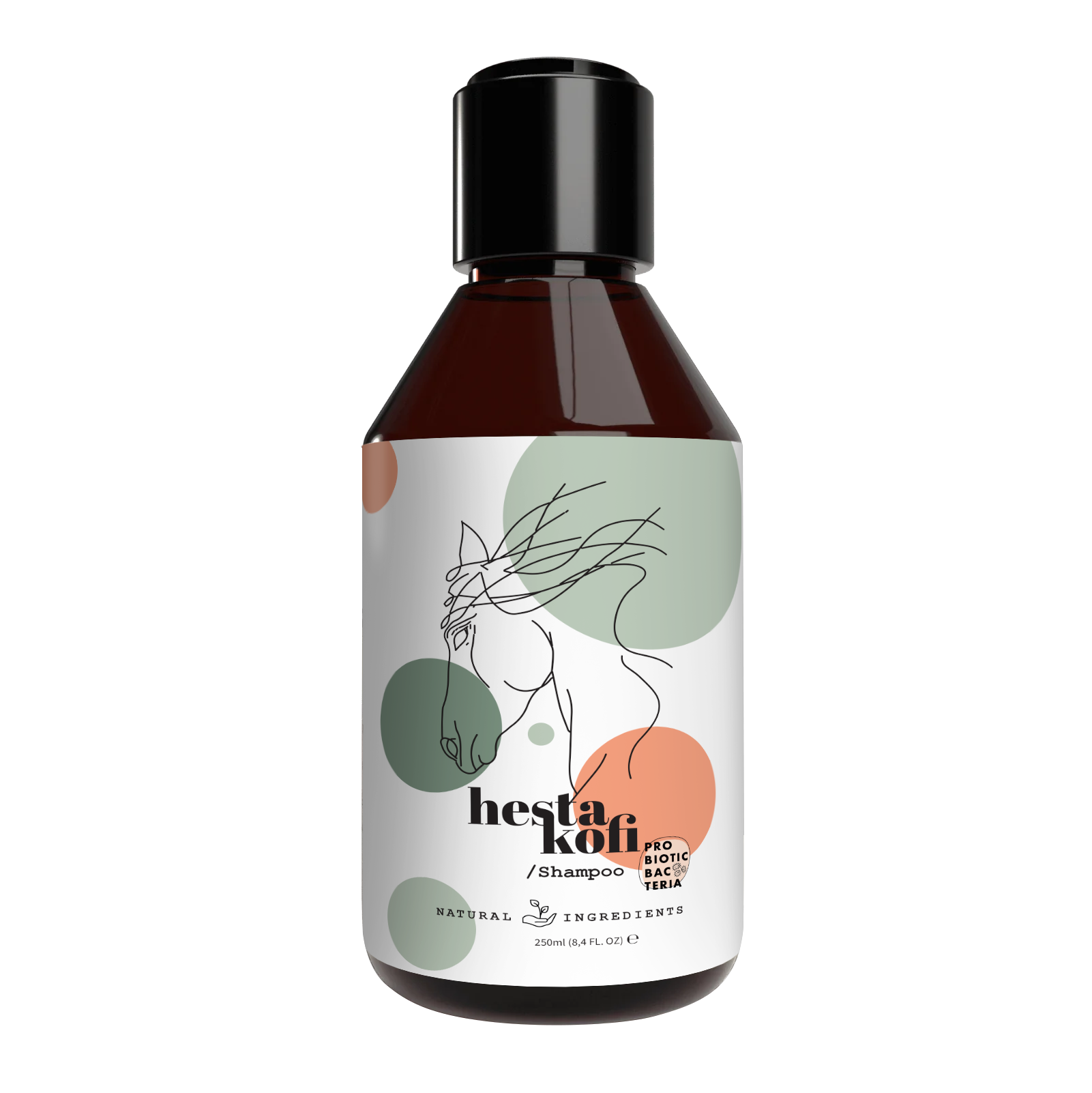 Die dunkle Flasche des Hestakofi Shampoos mit schwarzer Kappe trägt ein weißes Etikett mit einer minimalistischen Pferdeillustration und grünen, orangen und grauen Kreisen. Seine pH-neutrale Formel sorgt für sanfte Pflege.
