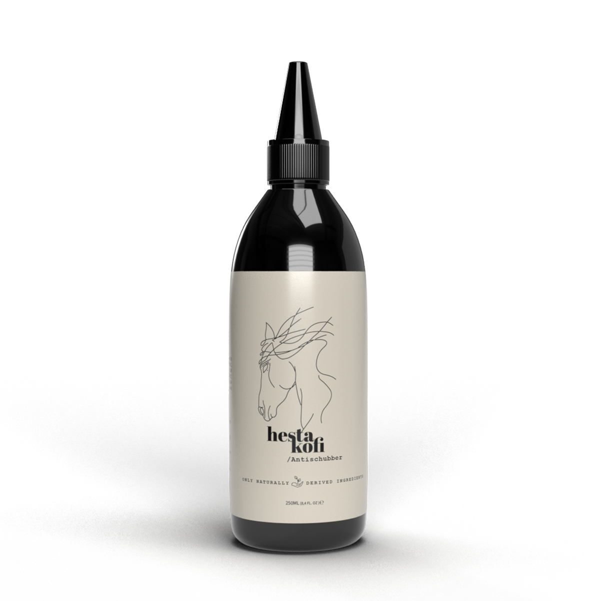 Schwarze Hestakofi Antischubber-Flasche mit spitzer Tülle und minimalistischem Pferdemotiv auf beigefarbenem Etikett. Formuliert für die zu Allergien neigende Pferdehaut mit feuchtigkeitsspendenden Inhaltsstoffen. Die Flasche steht auf einer strukturierten Oberfläche.