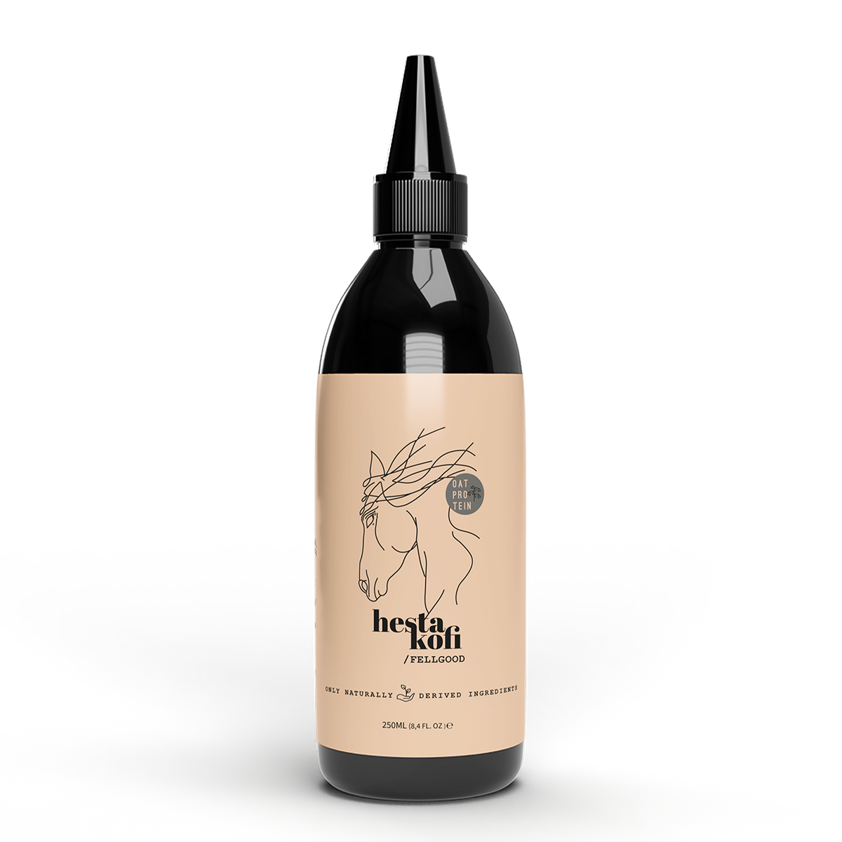 Die 250-ml-Flasche des Hestakofi FELLGOOD-Haustiershampoos mit schwarzer Düse, beigem Etikett und minimalistischer Pferdeillustration hebt die natürlichen Inhaltsstoffe hervor und enthält das FELLGOOD SERUM für die 72-Stunden-Pflege.
