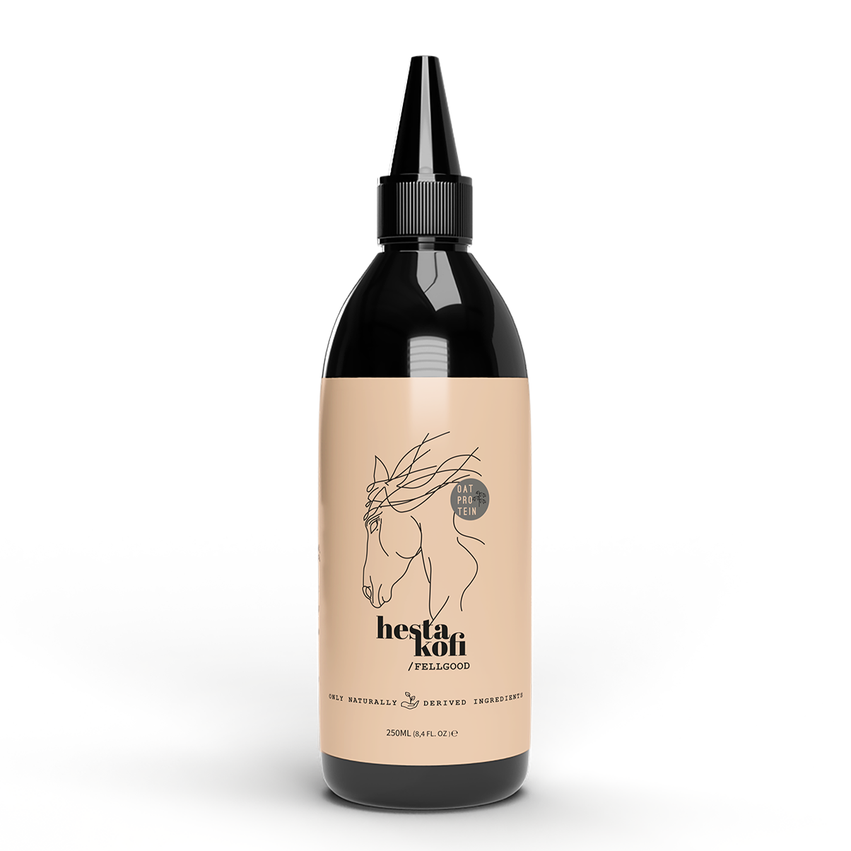 Die 250-ml-Flasche des Hestakofi FELLGOOD-Haustiershampoos mit schwarzer Düse, beigem Etikett und minimalistischer Pferdeillustration hebt die natürlichen Inhaltsstoffe hervor und enthält das FELLGOOD SERUM für die 72-Stunden-Pflege.