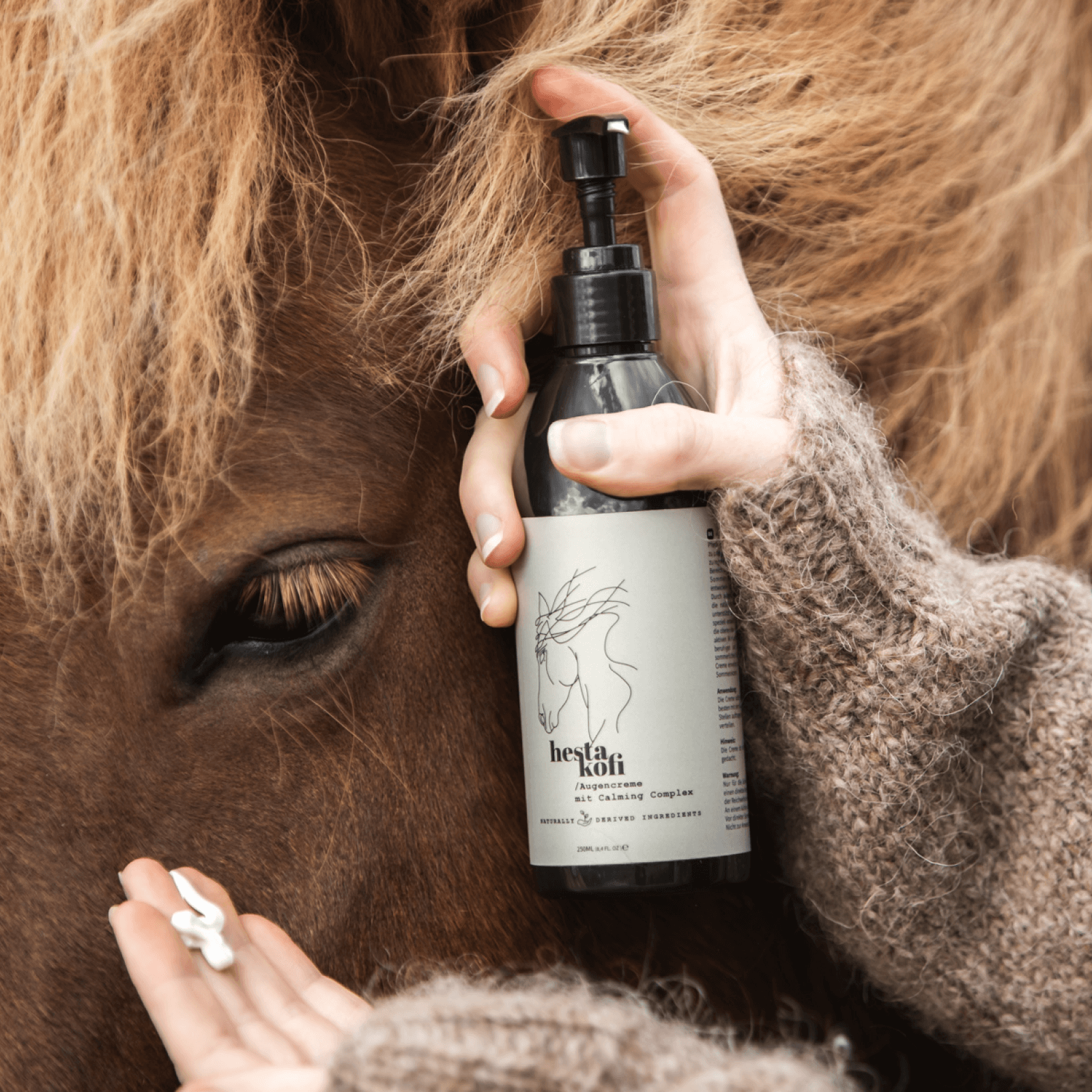 Eine Person mit braunen Wollhandschuhen trägt Hestakofi-Augencreme auf und berührt dabei sanft das Gesicht eines braunen Pferdes, um die Pflege der Pferdehaut und die tiefe Verbundenheit zwischen Mensch und Tier zu betonen.