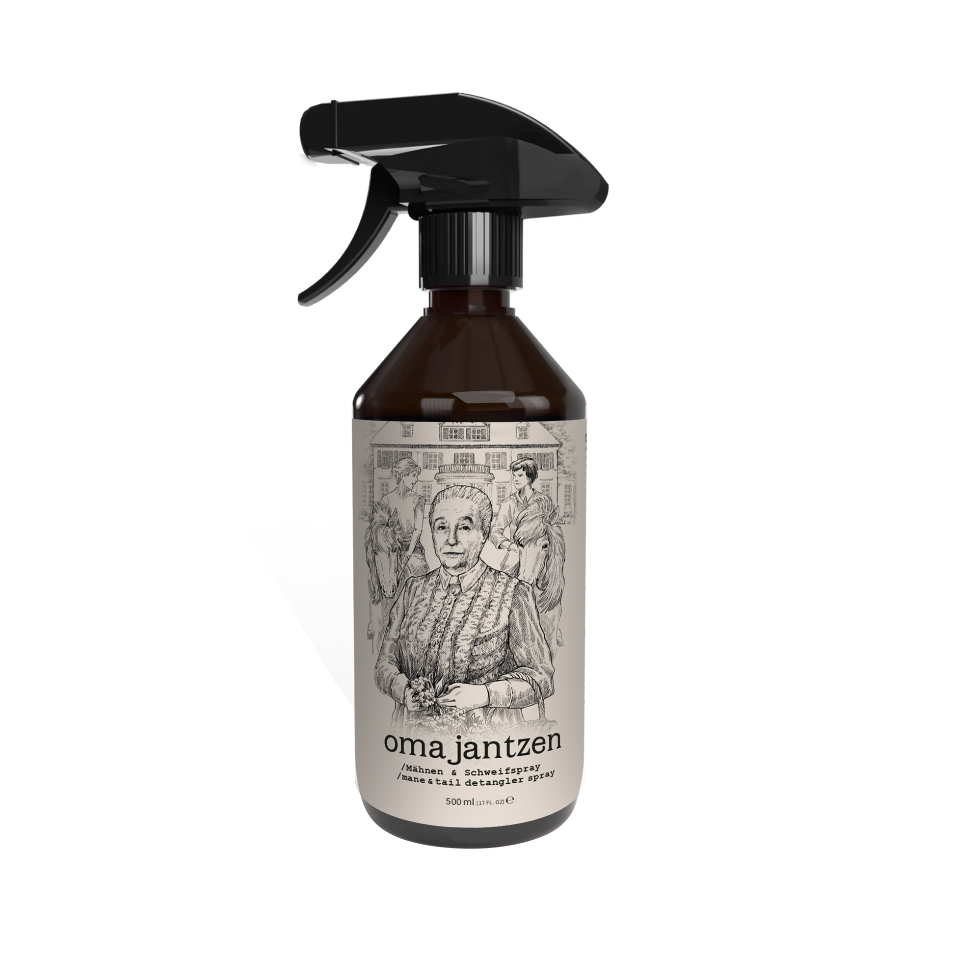 Das Oma Jantzen - Mähnen & Schweifspray von Hestakofi kommt in einem braunen Flakon mit der Illustration einer älteren Frau, Menschen und Gebäuden daher und ist mit seinem Rosenduft ideal für Fans von Hestakofi.