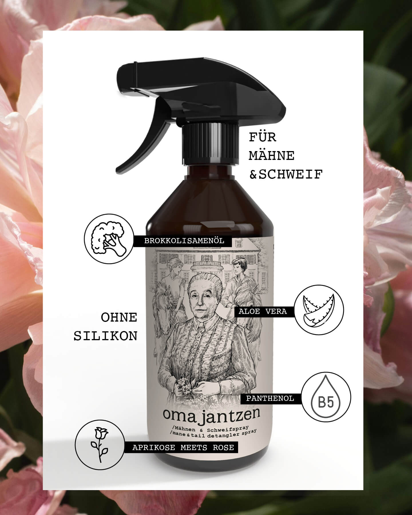 Das Oma Jantzen - Mähnen & Schweifspray von Hestakofi kommt in einem braunen Flakon mit der Illustration einer älteren Frau, Menschen und Gebäuden daher und ist mit seinem Rosenduft ideal für Fans von Hestakofi.Hier werden noch zusätzlich die Inhaltsstoffe des Produktes gezeigt wie Aloe Vera, Brokkoliöl, Panthenol und eine Rose