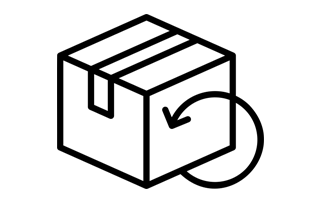 Eine einfache schwarz-weiße Strichzeichnung eines Pakets oder einer Schachtel mit einem kreisförmigen Pfeil, der das Konzept der Rückgabe oder des Recyclings eines Pakets andeutet.