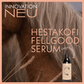 Nahaufnahme einer Pferdemähne mit einer schwarzen Hestakofi FELLGOOD Serum-Flasche im Vordergrund. Der Text hebt die Innovation, die 72-Stunden-Hydratisierung und das saubere Design hervor - ideal für Sommerekzem und empfindliche Pferdehaut.